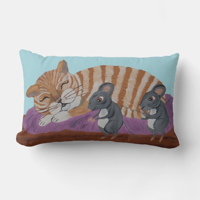 Sleeping Cat with Sneaky Mice Throw Pillow (Front)