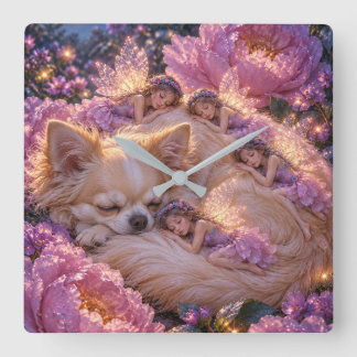 Sleeping Chihuahua and Fairies Square Wall Clock