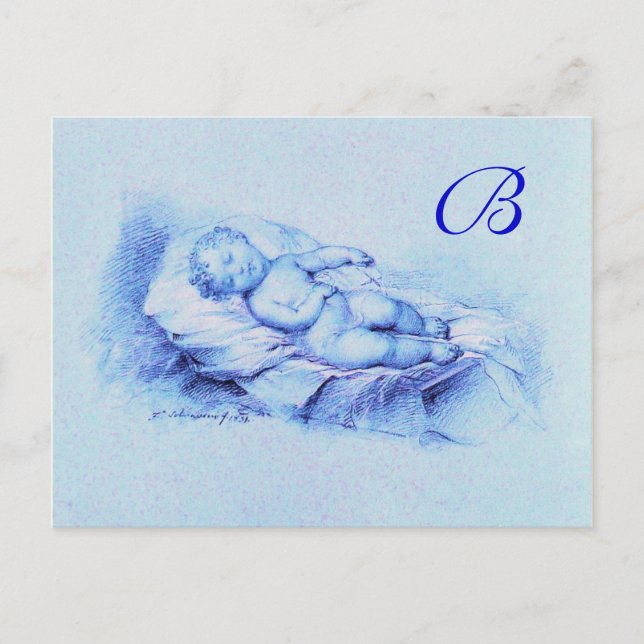 SLEEPING CHILD, BLUE  BABY SHOWER  MONOGRAM INVITATION POSTCARD (Front)