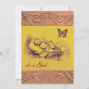 SLEEPING CHILD, BUTTERFLY YELLOW PINK  BABY SHOWER INVITATION