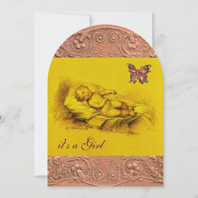 SLEEPING CHILD, BUTTERFLY YELLOW PINK  BABY SHOWER INVITATION (Front)
