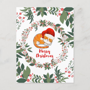 Sleeping Christmas Cat Watercolor Wreath Greenery Postcard