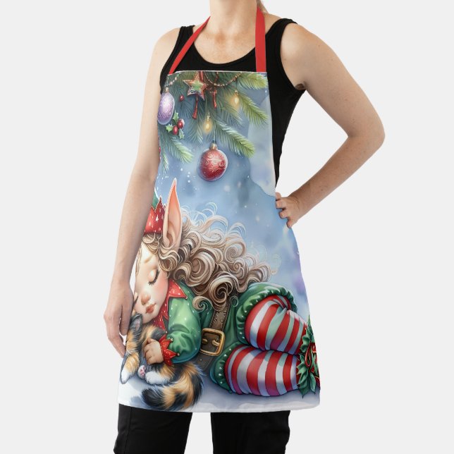 Sleeping Christmas Elf with Calico Kitten Apron (Insitu)