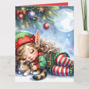 Sleeping Christmas Elf with Calico Kitten Card