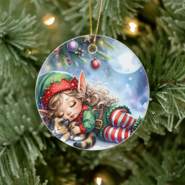 Sleeping Christmas Elf with Calico Kitten Ceramic Ornament (Tree)