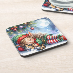 Sleeping Christmas Elf with Calico Kitten Coaster