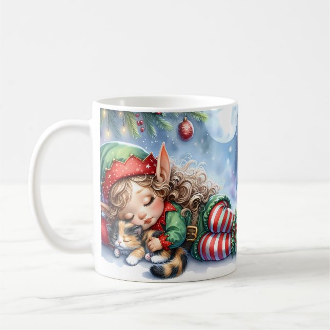 Sleeping Christmas Elf with Calico Kitten Coffee Mug (Left)
