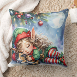 Sleeping Christmas Elf with Calico Kitten Cushion