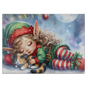 Sleeping Christmas Elf with Calico Kitten Cutting Board