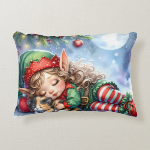 Sleeping Christmas Elf with Calico Kitten Decorative Cushion