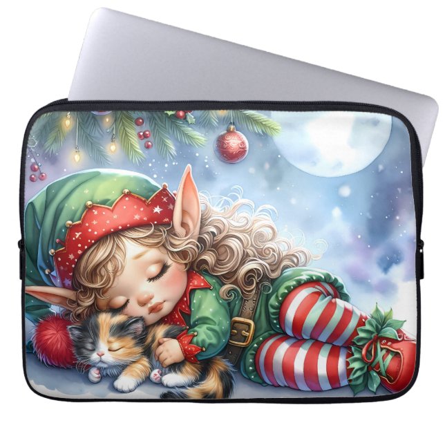Sleeping Christmas Elf with Calico Kitten Laptop Sleeve (Front)