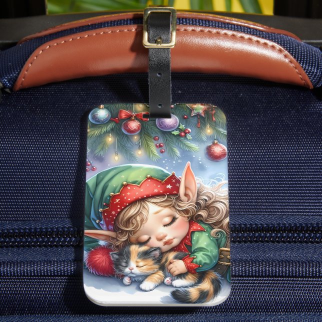 Sleeping Christmas Elf with Calico Kitten Luggage Tag (Front Insitu 2)