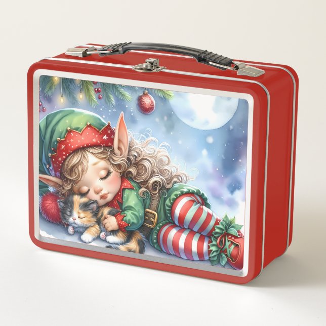 Sleeping Christmas Elf with Calico Kitten Metal Lunch Box (Front)