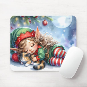 Sleeping Christmas Elf with Calico Kitten Mouse Pad