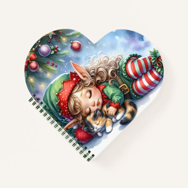 Sleeping Christmas Elf with Calico Kitten Notebook (Front)