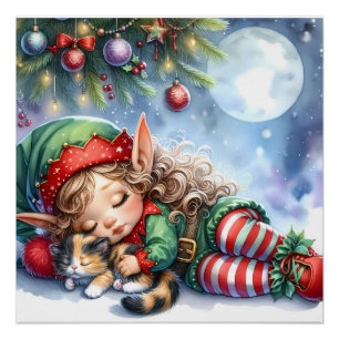 Sleeping Christmas Elf with Calico Kitten Poster