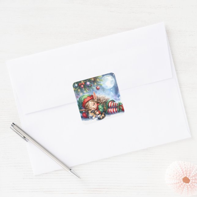 Sleeping Christmas Elf with Calico Kitten Square Sticker (Envelope)