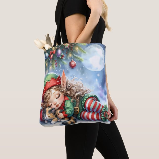 Sleeping Christmas Elf with Calico Kitten Tote Bag (Close Up)
