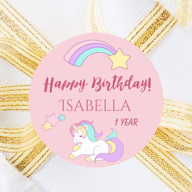 Sleeping cute unicorn magical happy birthday pink classic round sticker (Creator Uploaded)