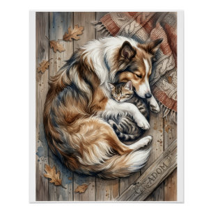 Sleeping Dog And Cat Cuddling Cosy Wood Background Poster