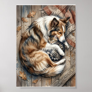 Sleeping Dog And Cat Cuddling Cosy Wood Background Poster