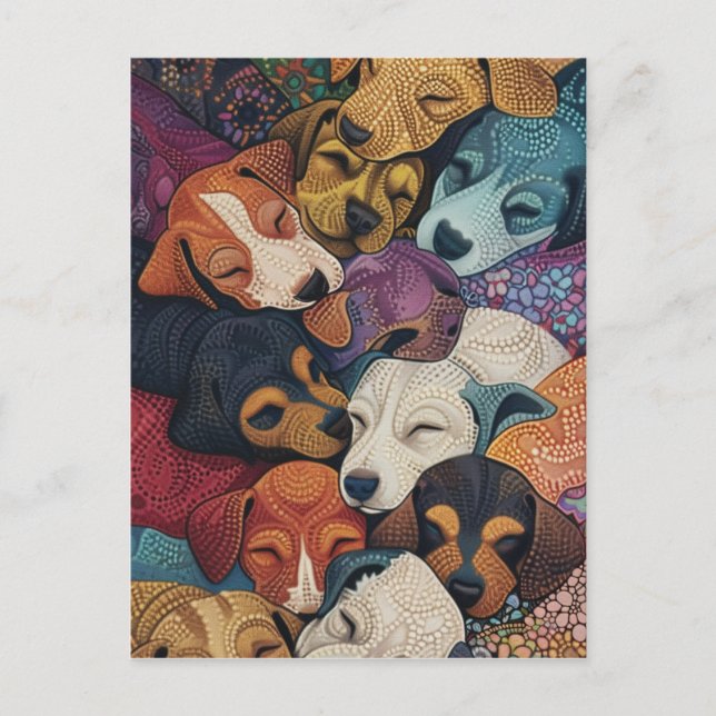 Sleeping Dog Puppy Litter - Pointillism Art Style Postcard (Front)