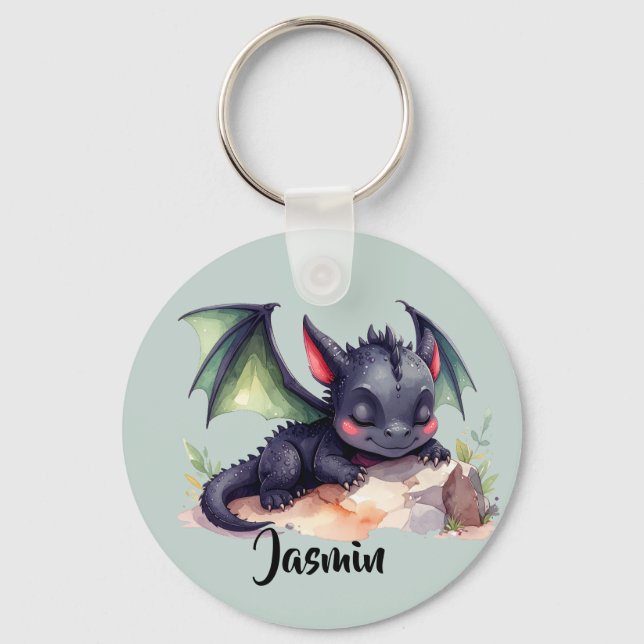 Sleeping Dragon with Green Wings  Key Ring (Front)