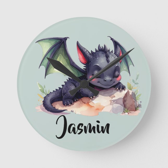 Sleeping Dragon with Green Wings Round Clock (Front)