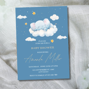 Sleeping Elephant Baby Shower Blue Baby Boy Dreamy Invitation