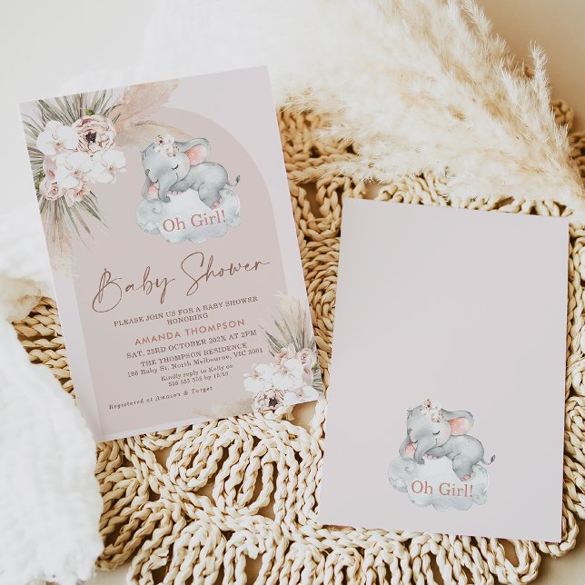 Sleeping Elephant Floral Boho Arch Baby Shower Invitation (Girls sleeping elephant boho blush floral arch baby shower invitation modern bohemian floral)