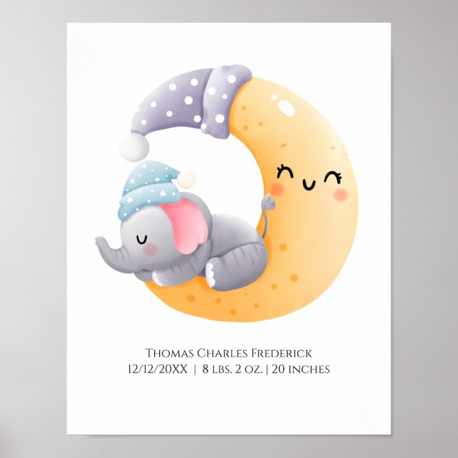 Sleeping Elephant in Moon Personalised Birth Stats Poster (Front)