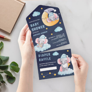 Sleeping Elephant on Moon Navy Blue Baby Shower All In One Invitation