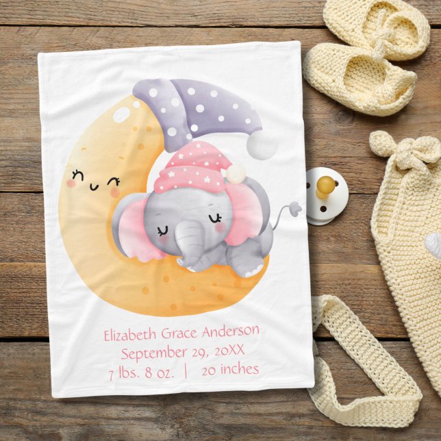Sleeping Elephant Pink Girl Crescent Moon Baby Fleece Blanket (Pink elephant sleeping crescent moon birth stats baby blanket)
