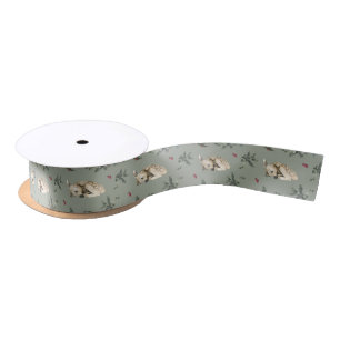 Sleeping Fawn and Winter Flora Sage  Satin Ribbon