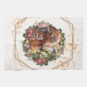 Sleeping Fawn, Brown Animal Floral Art Tea Towel