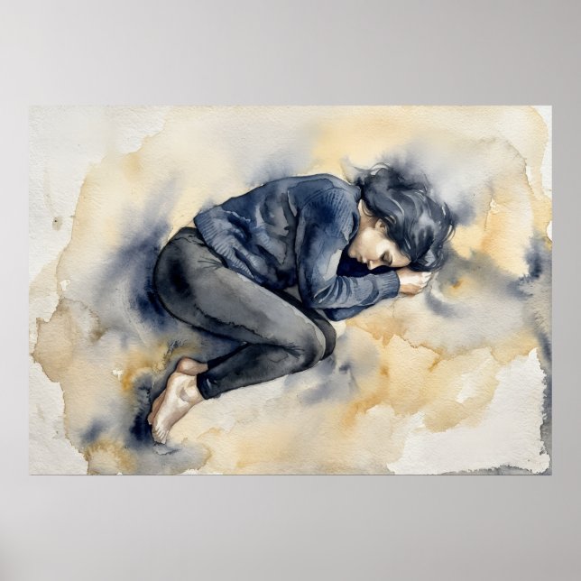 Sleeping Figure Blue Watercolour Poster (Front)
