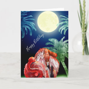 Sleeping Flamingos and Full Moon Tropical Birthday Card
