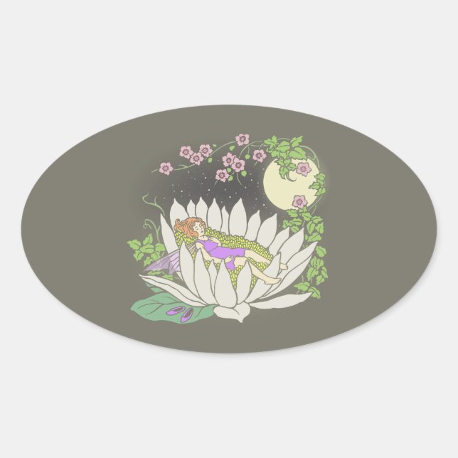 Sleeping Flower Fairy Moonlight Stars Oval Sticker (Front)