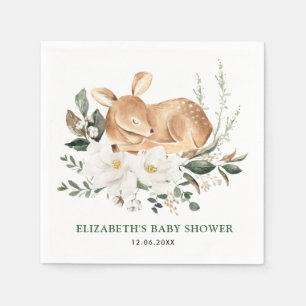Sleeping Forest Deer White Floral Greenery Fawn Napkin