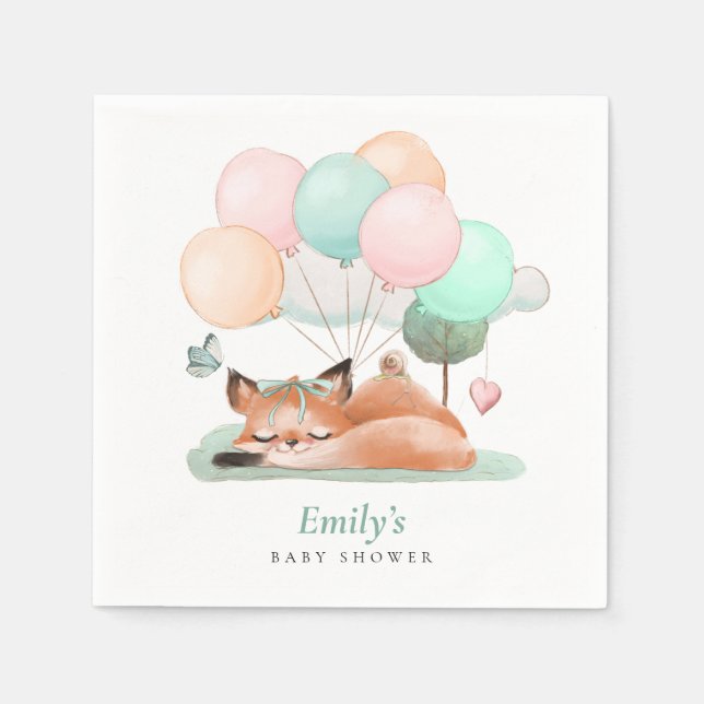 Sleeping Fox Balloons Name Teal Baby Shower Napkin (Front)