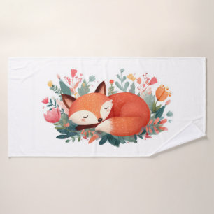 Sleeping Fox Floral Cute Illustration Bath Towel