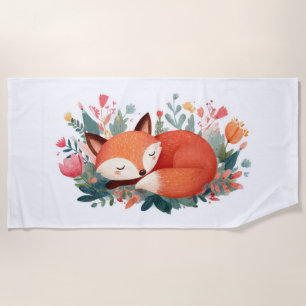 Sleeping Fox Floral Cute Illustration Beach Towel
