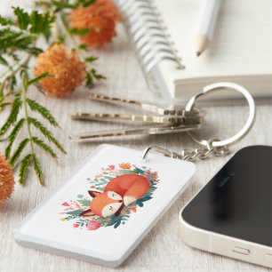 Sleeping Fox Floral Cute Illustration Key Ring