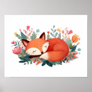Sleeping Fox Floral Cute Illustration Poster