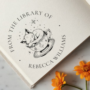 Sleeping Fox in Magical Teacup Bookplate Library Rubber Stamp