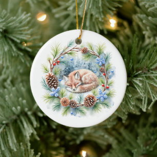 Sleeping Fox in Winter Wreath Holiday Ceramic Ornament