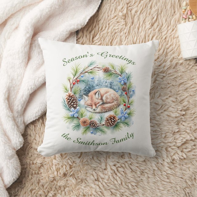 Sleeping Fox in Winter Wreath Holiday Cushion (Blanket)