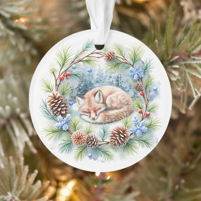 Sleeping Fox in Winter Wreath Holiday Ornament (Tree)
