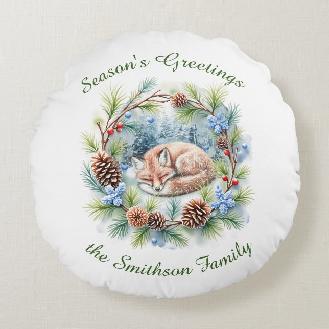 Sleeping Fox in Winter Wreath Holiday Round Cushion (Front)