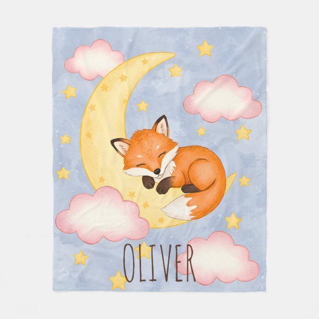 Sleeping Fox on Crescent Moon Nursery Dream Fleece Blanket (Front)
